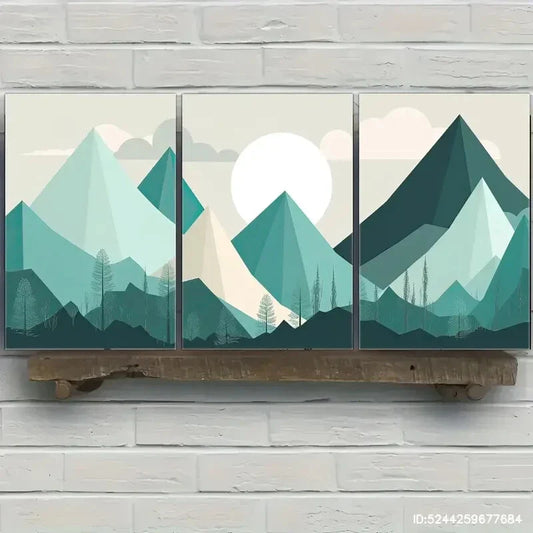 3pcs Mountains Landscape Mural Blue Green Abstract Metal Print Ready to Hang Art