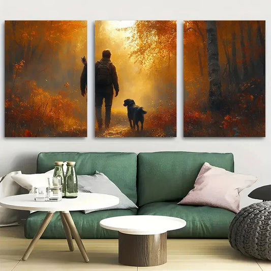3pcs Hunter and Dog Walking Through Sunlit Forest Metal Print Ready to Hang Art