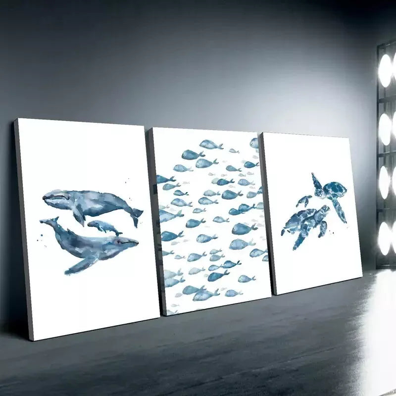 3pcs Water Color Painting Of Whale, Turtle & Fishes Canvas Framed 40x60cm - High Quality Print 100% Australian Made Wall Canvas Ready to Hang