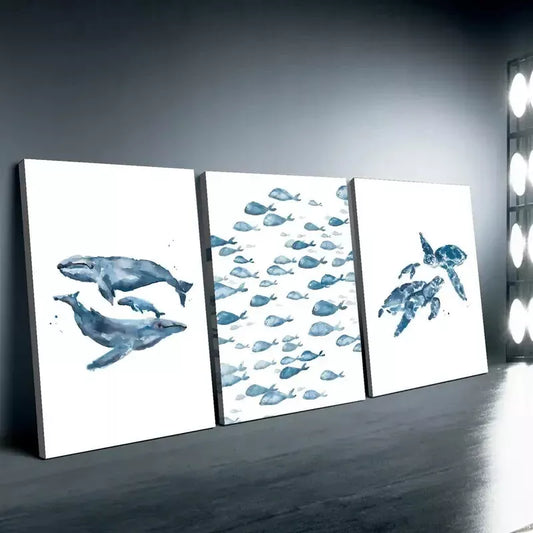 3pcs Water Color Painting Of Whale, Turtle & Fishes Canvas Framed 40x60cm - High Quality Print 100% Australian Made Wall Canvas Ready to Hang