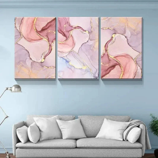 3pcs Abstract Pink Marble Golden Accents Metal Print Ready to Hang Art