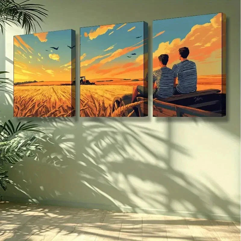 3pcs Wheat, field Art Painting Wall Art Set Canvas Framed 40x60cm - High Quality Print 100% Australian Made Wall Canvas Ready to Hang