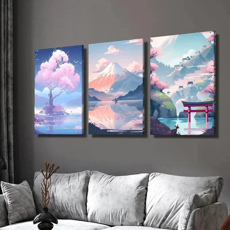 3pcs Pink Trees by the Lake & Mountain Scenery Wall Art Set Canvas Framed 40x60cm - High Quality Print 100% Australian Made Wall Canvas Ready to Hang