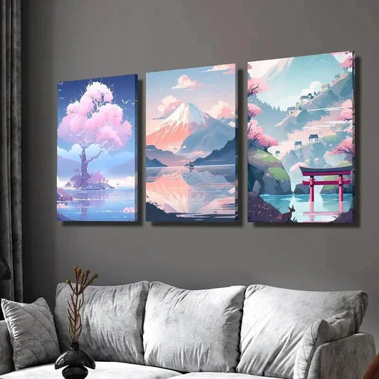 3pcs Pink Trees by the Lake & Mountain Scenery Wall Art Set Canvas Framed 40x60cm - High Quality Print 100% Australian Made Wall Canvas Ready to Hang