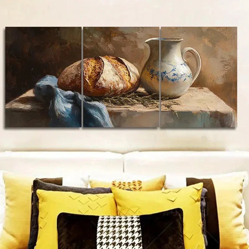 3pcs  Still life of bread and kettle  Metal Print Ready to Hang Art