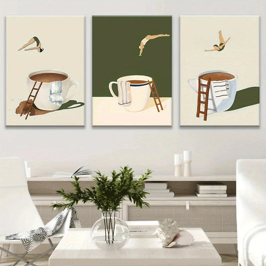 3pcs Geometric Abstract Coffee Cup Design Metal Print Ready to Hang Art