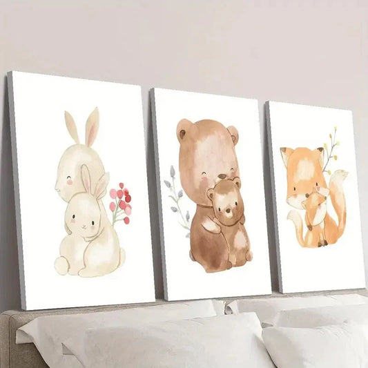 3pcs  artoon Bunny & Bear Family, Cute Animal  Wall Art Set Canvas Framed 40x60cm - High Quality Print 100% Australian Made Wall Canvas Ready to Hang