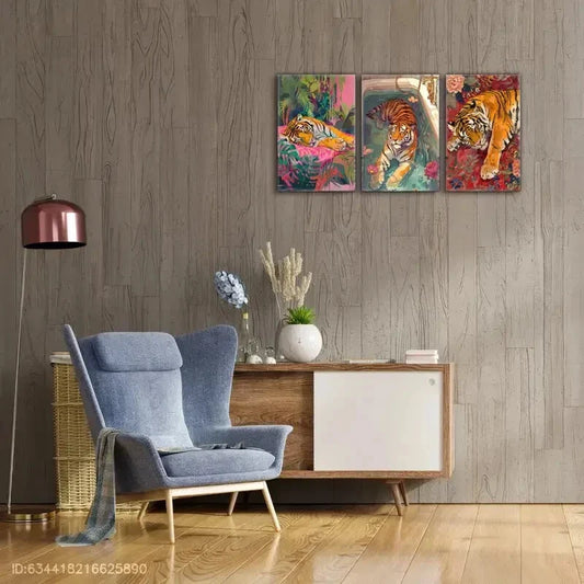 3pcs Majestic Tiger in Bathtub Exotic Vibrant Metal Print Ready to Hang Art
