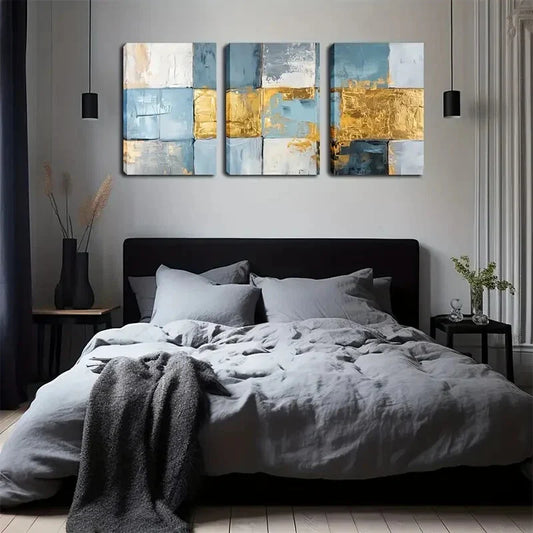 3pcs Painted Textured Panels in Blue & Golden  Wall Art Set Canvas Framed 40x60cm - High Quality Print 100% Australian Made Wall Canvas Ready to Hang