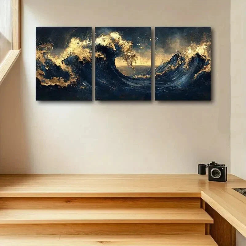 3pcs Majestic Sea Wave, Dark Blue & Golden Hues Metal Print Ready to Hang Art