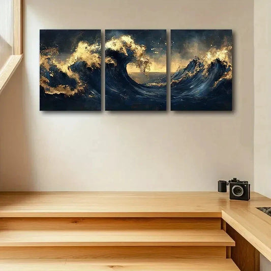 3pcs Majestic Sea Wave, Dark Blue & Golden Hues Metal Print Ready to Hang Art