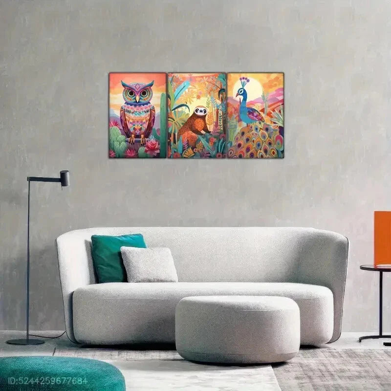 3pcs Owl Sloth Peacock Colorful Abstract Wild Metal Print Ready to Hang Art