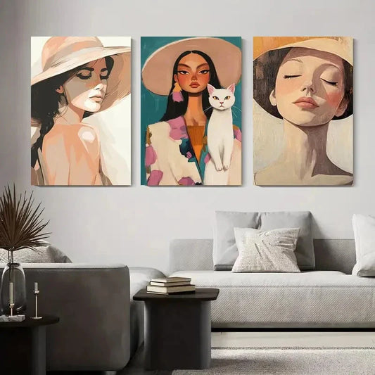 3pcs Modern Women with Hats & Cat, Chic Metal Print Ready to Hang Art
