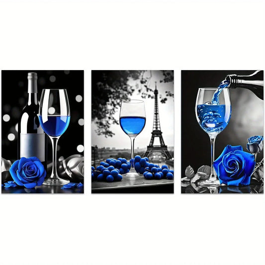 3pcs Black and White Blue Rose & Wine Metal Print Ready to Hang Art