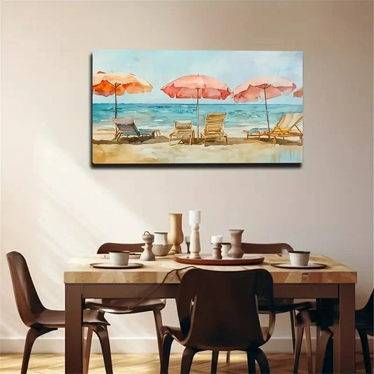 Sunshade Facing The Sea Beach Wall Art Canvas Office Home Room Framed 80x45cm