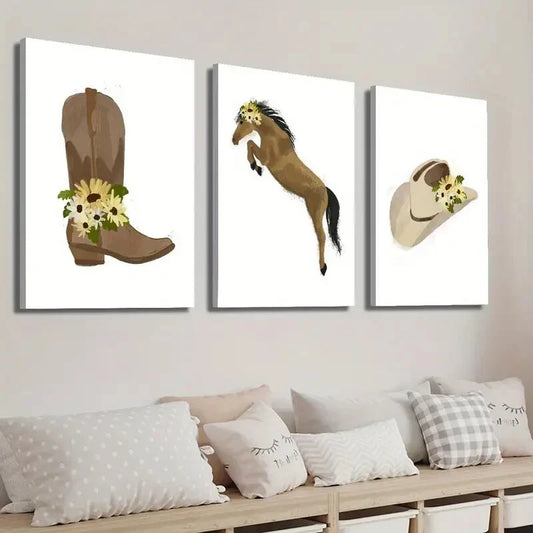 3pcs Boots Hat & Jump Horse with Yellow Flower Wall Art Set Canvas Framed 40x60cm - High Quality Print 100% Australian Made Wall Canvas Ready to Hang
