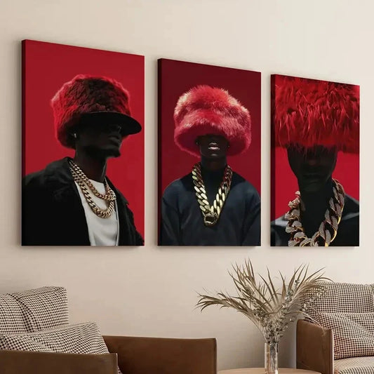 3pcs Black Man Art Luxury Red and Black Fashion Gold Wall Art Set Canvas Framed 40x60cm - High Quality Print 100% Australian Made Wall Canvas Ready to Hang