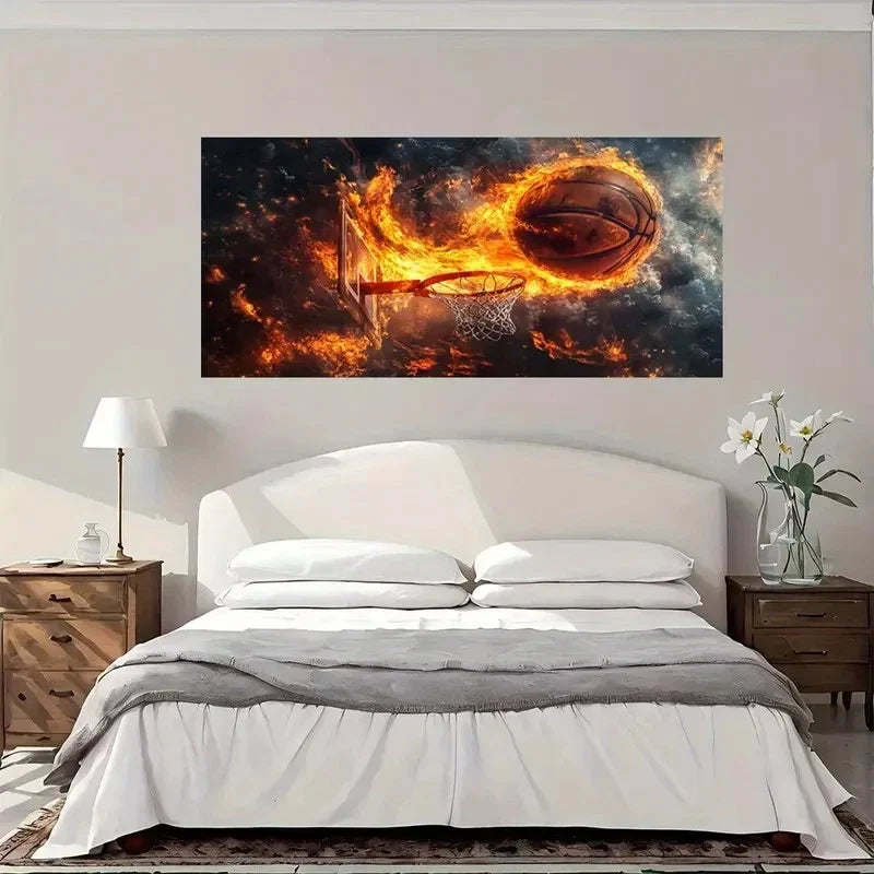 Basketball Burning Wall Art Canvas Office Home Room Framed 120x60cm