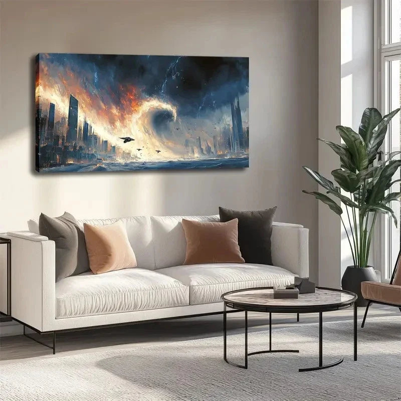Urban Disaster & Aircraft Scene Wall Art Canvas Office Home Room Framed 120x60cm
