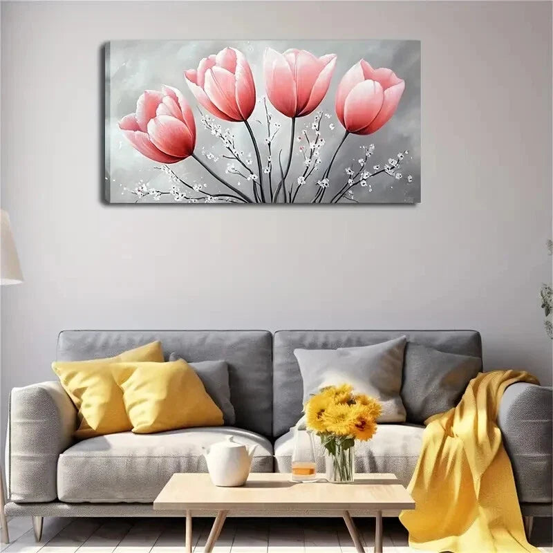 Pink Tulip White Flower Accents Wall Art Canvas Office Home Room Framed 120x60cm