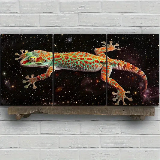 3pcs Starry Night Gecko Colourful Metal Print Ready to Hang Art