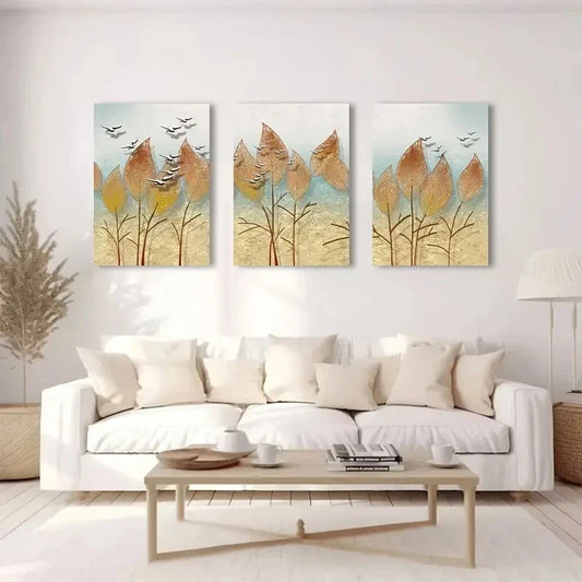 3pcs   Golden Leaves and Birds Autumn Landscape Metal Print Ready to Hang Art