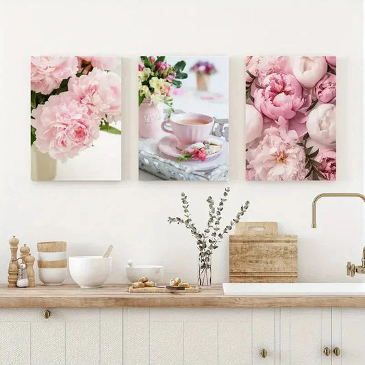 3pcs Modern Art Peony Contemporary Canvas Metal Print Ready to Hang Art