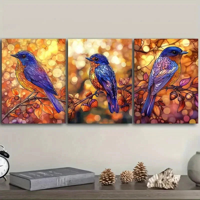 3pcs Stained glass bird, Wall Art Set Canvas Framed 40x60cm - High Quality Print 100% Australian Made Wall Canvas Ready to Hang