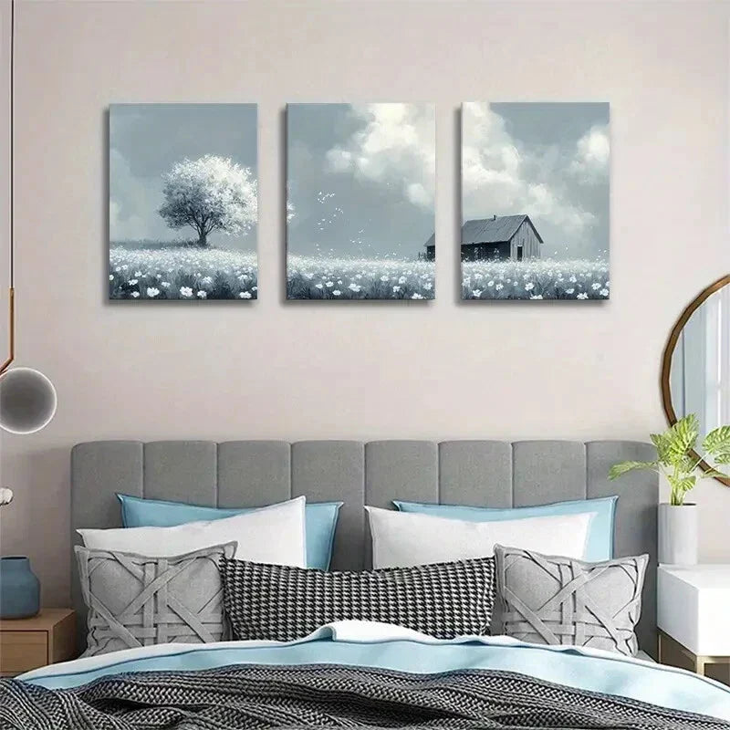 3pcs Countryside Barn Lone Tree Wildflower Field Metal Print Ready to Hang Art