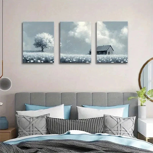 3pcs Countryside Barn Lone Tree Wildflower Field Metal Print Ready to Hang Art