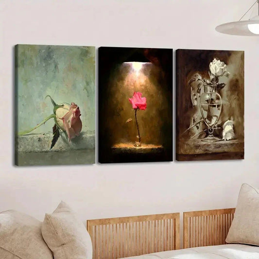 3pcs Vintage Oil Paint Style Roses Leopard Lion Wall Art Set Canvas Framed 40x60cm - High Quality Print 100% Australian Made Wall Canvas Ready to Hang