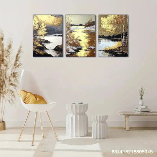 3pcs Golden Shine, Golden Birch And Golden Beauty Metal Print Ready to Hang Art