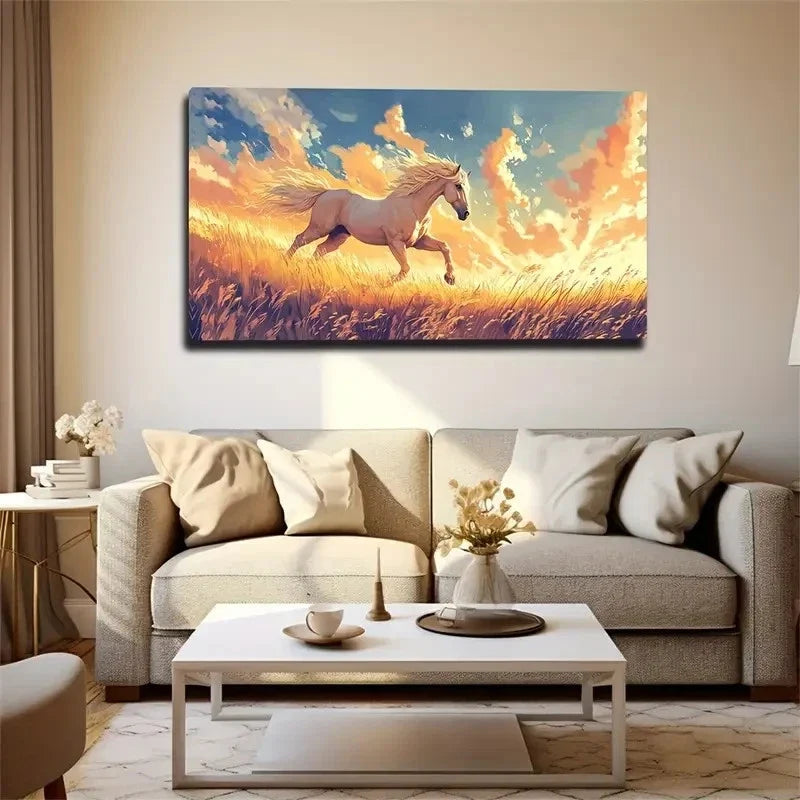 Galloping Horse In Golden Wheat Wall Art Canvas Office Home Room Framed 120x60cm