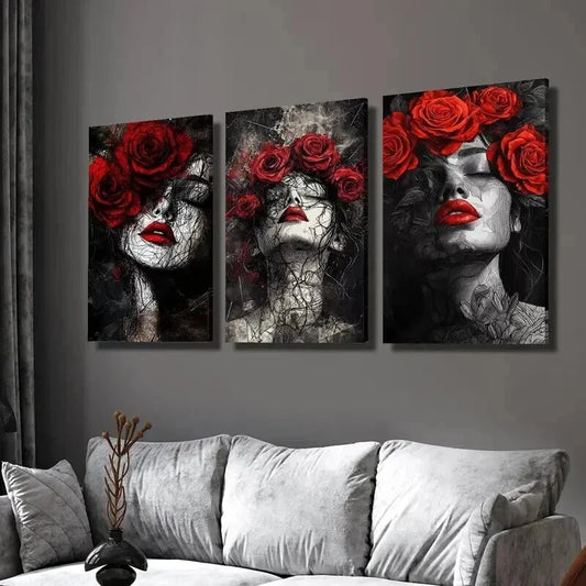 3pcs Elegant Women with Red Roses Wall Art Set Canvas Framed 40x60cm - High Quality Print 100% Australian Made Wall Canvas Ready to Hang