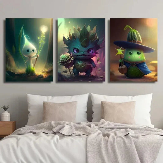 3pcs Funny Cute Forest Monster Cartoon Metal Print Ready to Hang Art