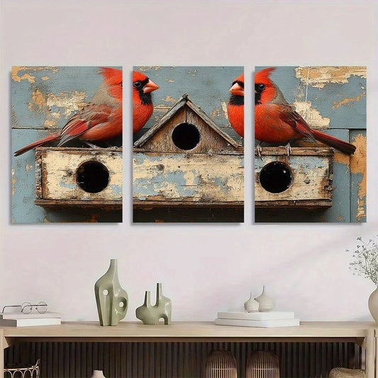 3pcs Farmhouse Cardinal Birds on Birdhouse Metal Print Ready to Hang Art