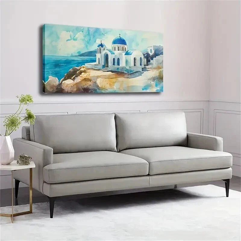 Realistic Coastal Blue-Roofed Wall Art Canvas Office Home Room Framed 80x45cm