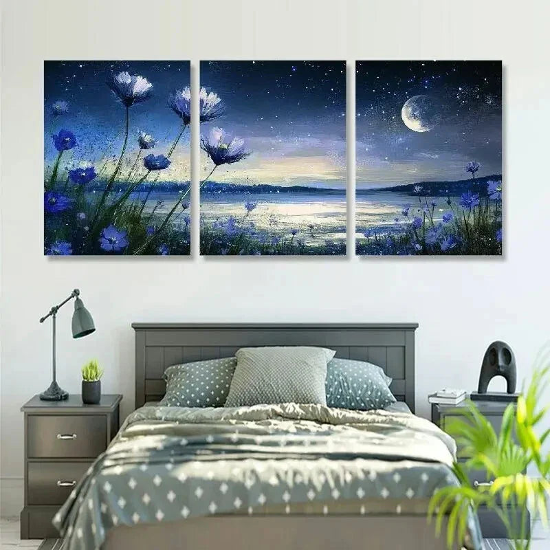 3pcs Blooming Blue Flowers & Night Moon Metal Print Ready to Hang Art