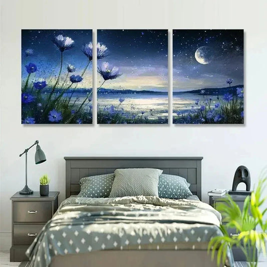 3pcs Blooming Blue Flowers & Night Moon Metal Print Ready to Hang Art