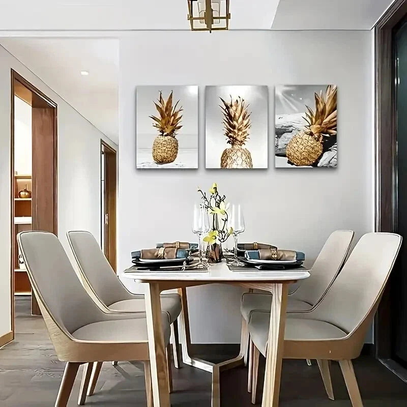 3pcs Golden Pineapple Black and White Oil Painting  Metal Print Ready to Hang Art