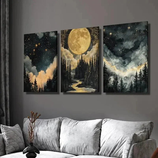 3pcs The Woods Under the Moonlight & Stars Wall Art Set Canvas Framed 40x60cm - High Quality Print 100% Australian Made Wall Canvas Ready to Hang