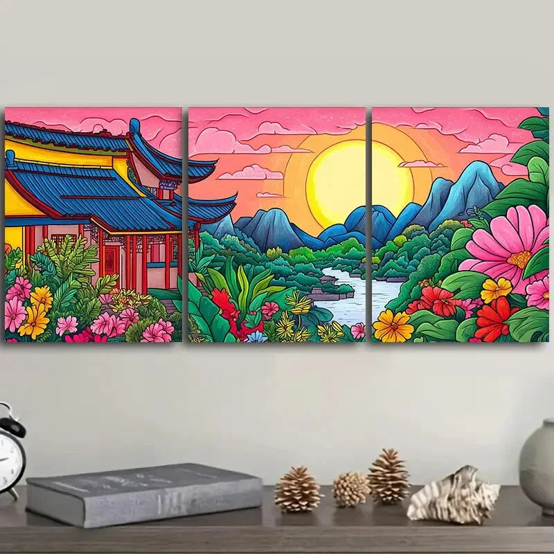 3pcs Colorful ancient Chinese buildings Wall Art Set Canvas Framed 40x60cm - High Quality Print 100% Australian Made Wall Canvas Ready to Hang