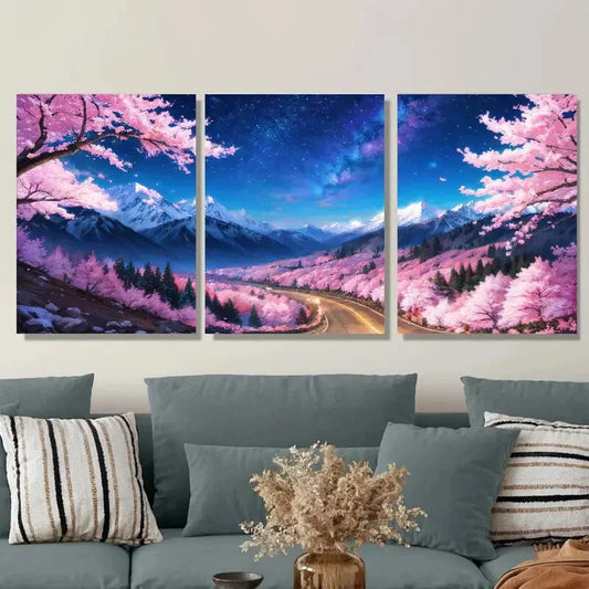 3pcs Starry Night Sky & Blooming Sakura Trees Metal Print Ready to Hang Art