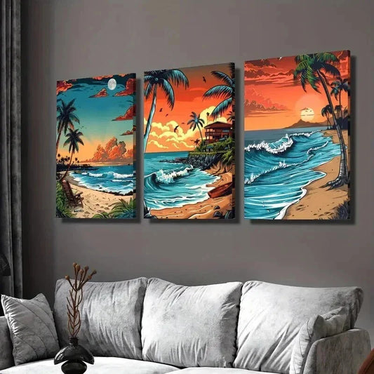 3pcs Tropical Beach Seascape Illustration Wall Art Set Canvas Framed 40x60cm - High Quality Print 100% Australian Made Wall Canvas Ready to Hang