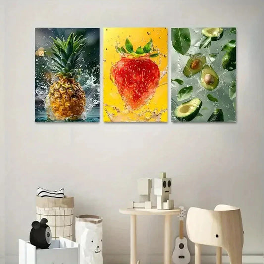 3pcs Vibrant Fruits with Water Droplet Metal Print Ready to Hang Art
