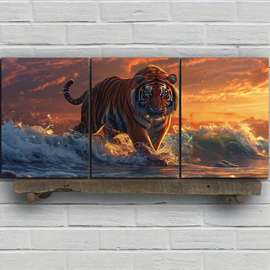 3pcs Tiger in the Waves Sunset Metal Print Ready to Hang Art