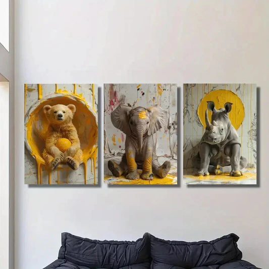 3pcs cute animals bear elephant rhino, Metal Print Ready to Hang Art
