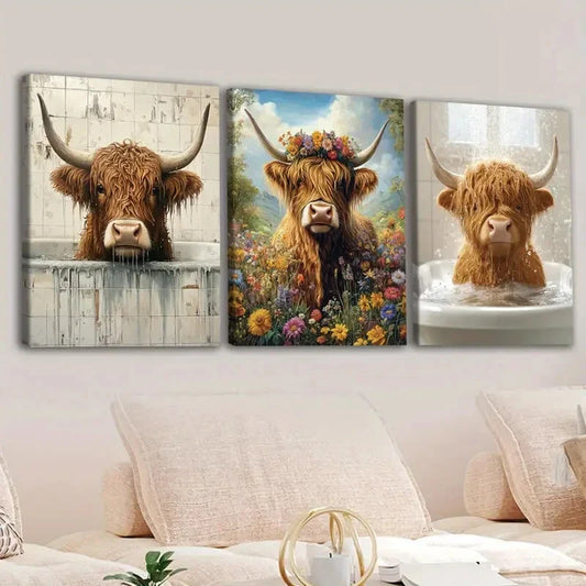 3pcs Highland Cows Blue Sky & White Clouds Brown Wall Art Set Canvas Framed 40x60cm - High Quality Print 100% Australian Made Wall Canvas Ready to Hang