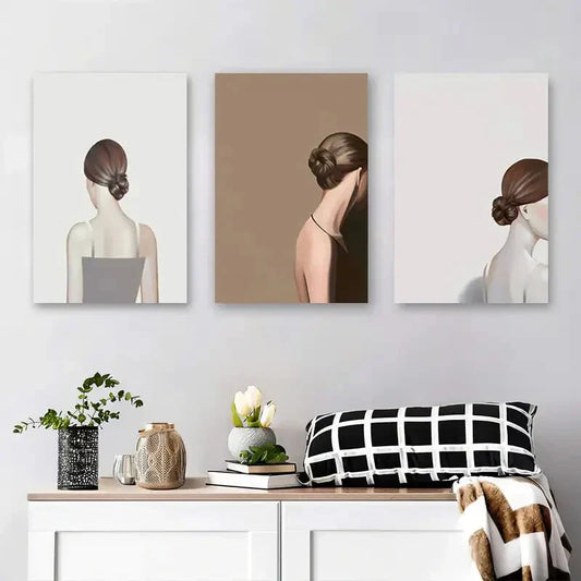 3pcs Simple Back Views of Women with Buns, Metal Print Ready to Hang Art