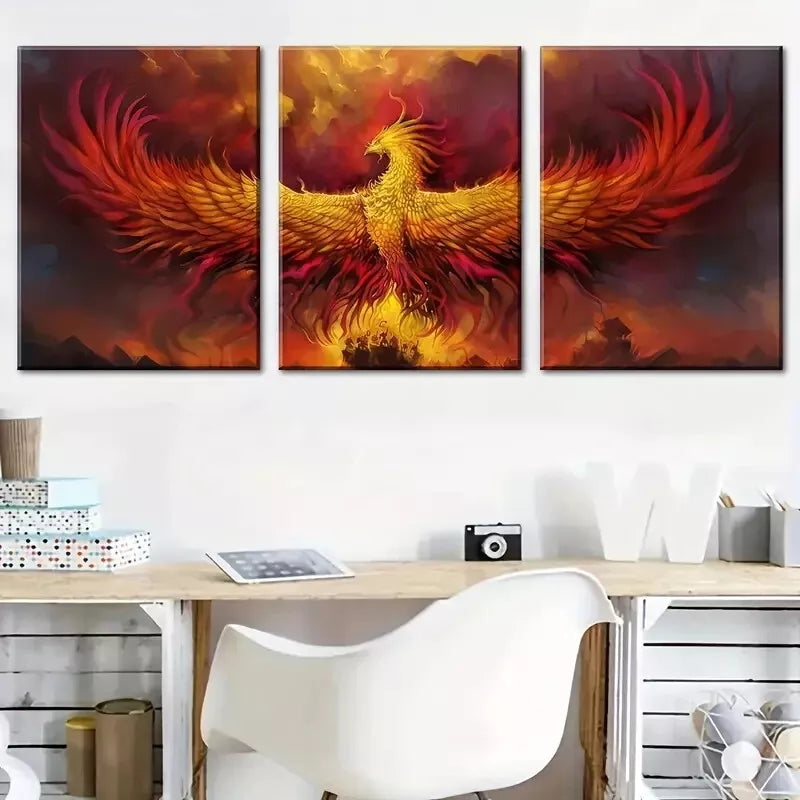 3pcs The Mythological Creature of Fire Phoenix  Wall Art Set Canvas Framed 40x60cm - High Quality Print 100% Australian Made Wall Canvas Ready to Hang